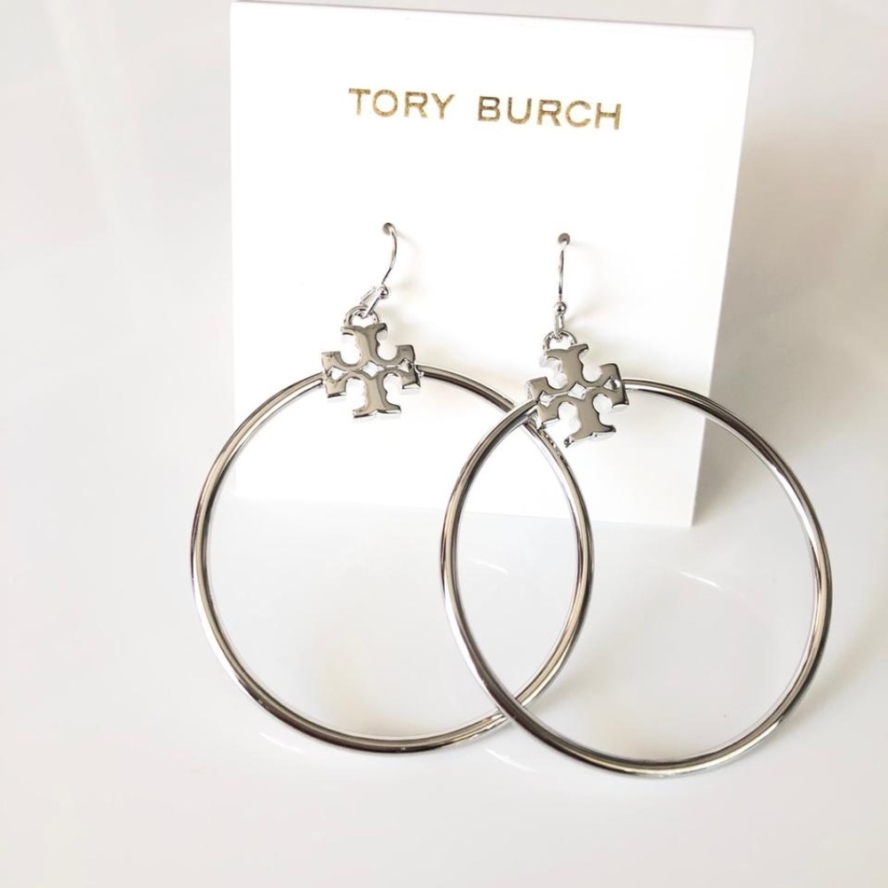 NEW Tory Burch Stacked Hoop Drop Earrings 1.5” Silver or Rose Gold - Picture 6 of 9